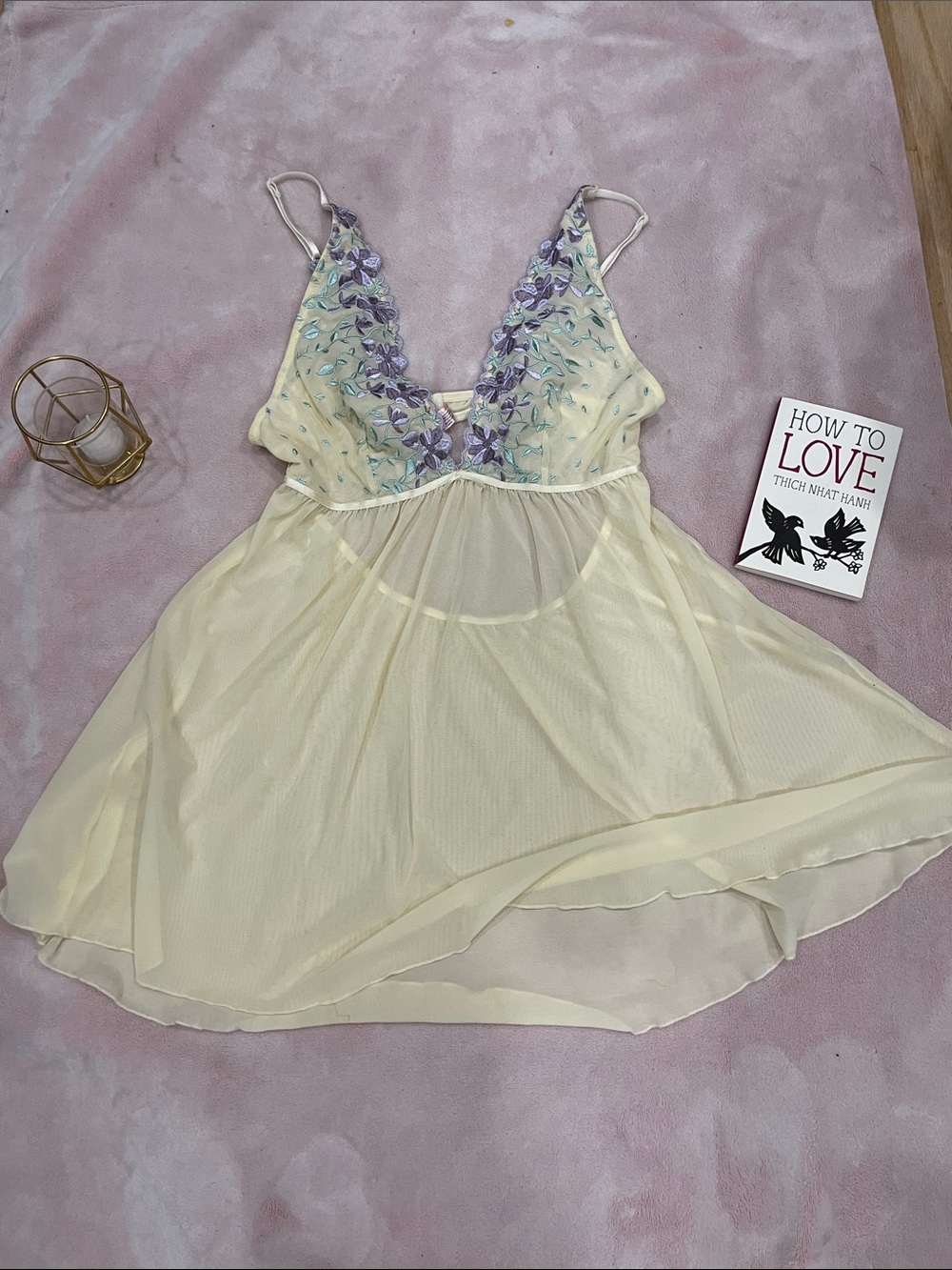 La Vie en Rose Vintage Cream Babydoll Nightgown with Floral Embroidery size L - Picture 2 of 15